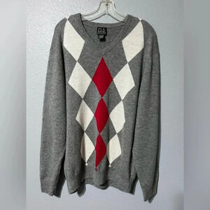 JOS A BANK Gray/Red/Cream Argyle Diamond Men’s V-Neck Lambs Wool Sweater Sz LG.